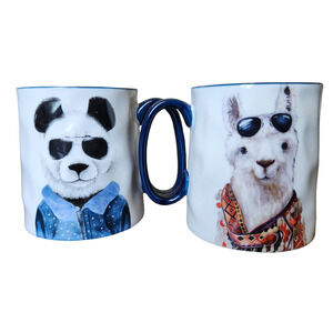 (2) Hipster coffee mugs panda and llama by Signature Housewares Inc
